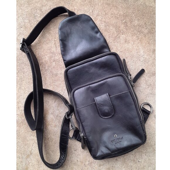 Leather Black Wild West Sling Crossbody Bag - Picture 1 of 10